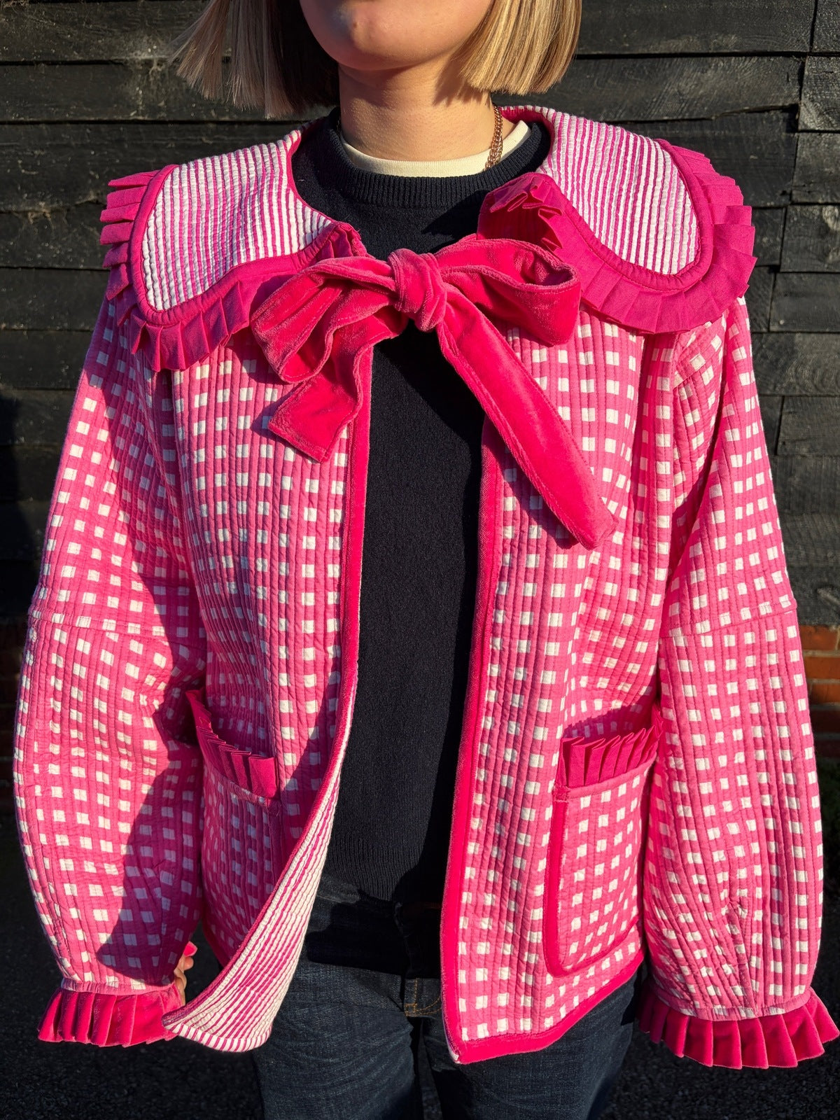 Sailor Collar Reversible Jacket - Pink Gingham