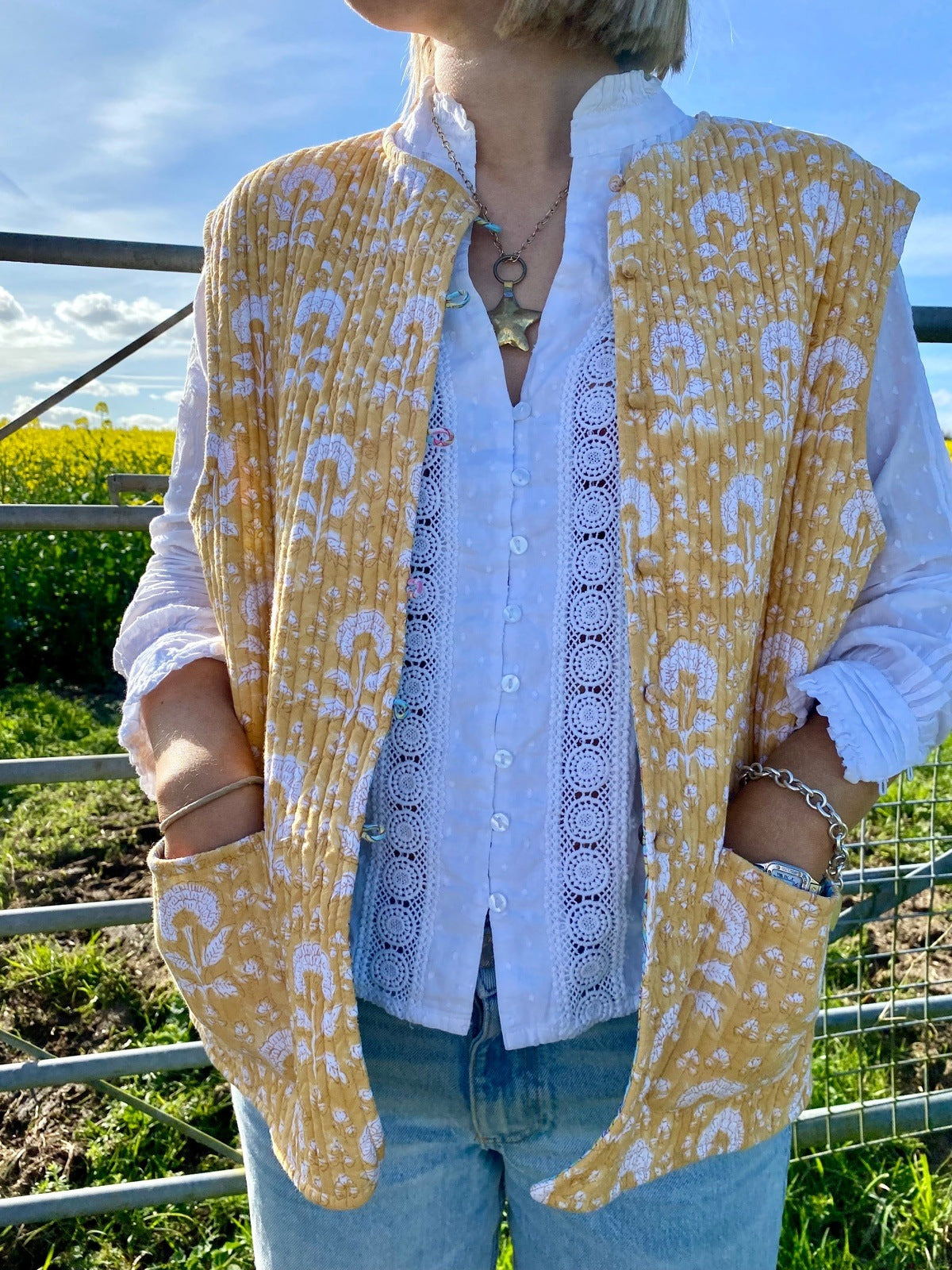 Reversible Quilted Gilet - Yellow and Turquoise Flower