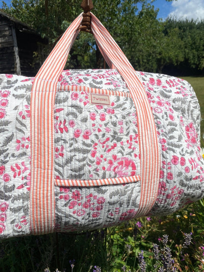 Indian Block Print Weekend Bag - Grey and Pink