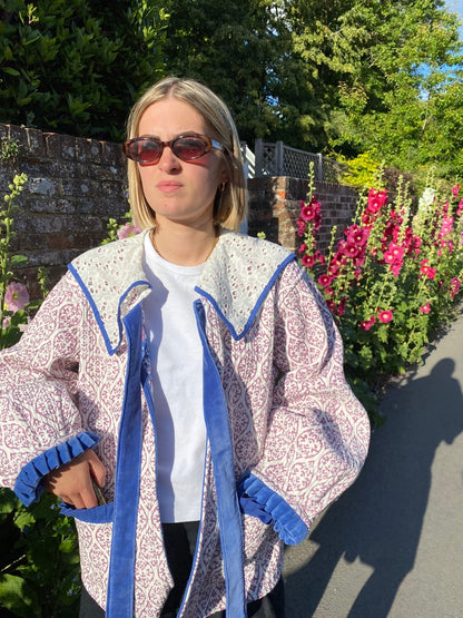 Viola Lace Collar Reversible Jacket - Blue and Mauve