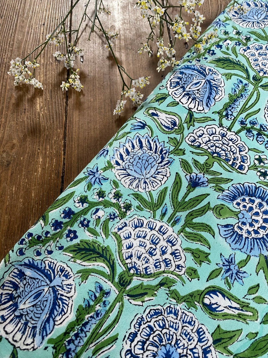 Indian Block Print Tablecloth - Green and Blue