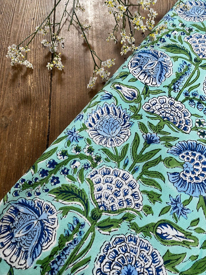 Indian Block Print Tablecloth - Green and Blue