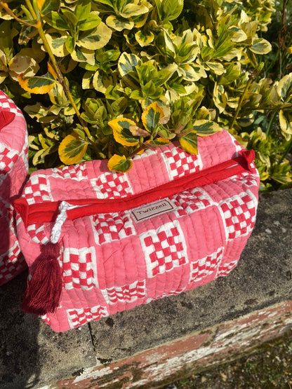 Quilted Wash Bag - Pink Red Checkerboard