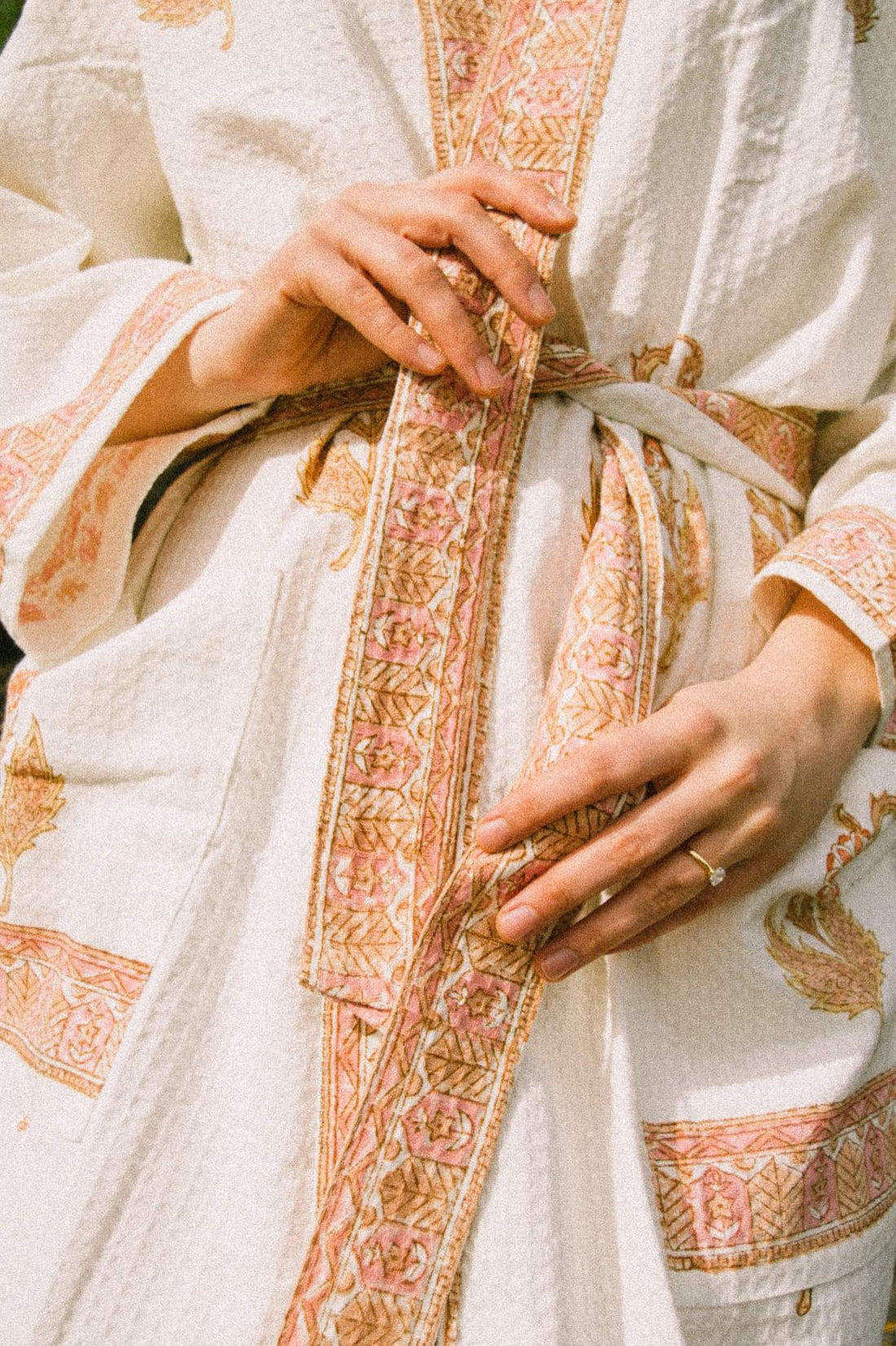 Cotton Waffle Indian Block Print Dressing Gown - Apricot