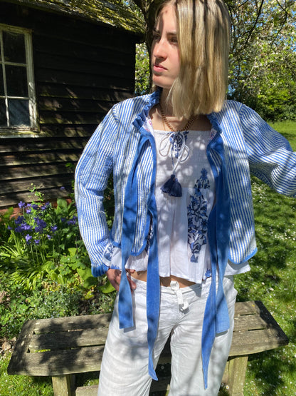 Reversible Jacket - Pink and Blue Flower with Blue Stripe Reverse