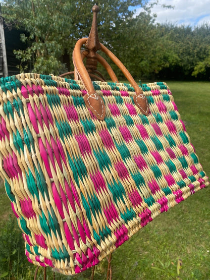 Woven checkerboard basket - pink and green