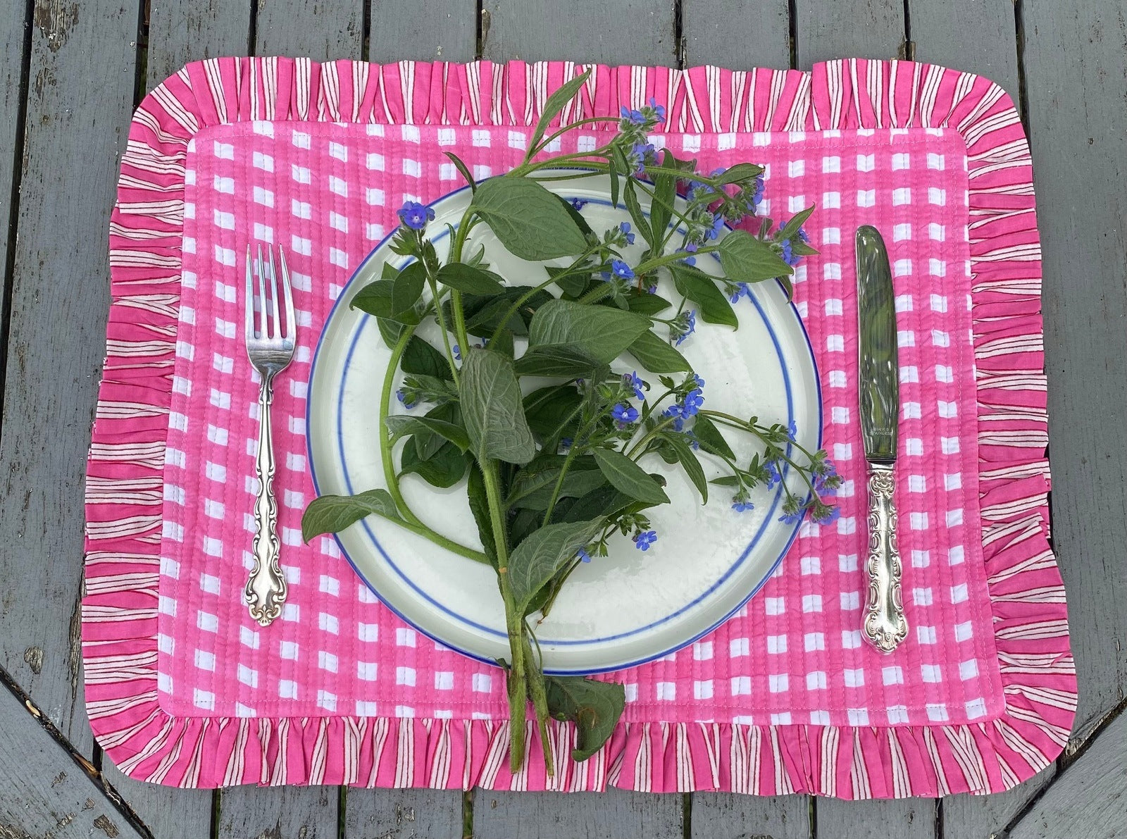 Pink Gingham with Pink Stripe Ruffle Placemat
