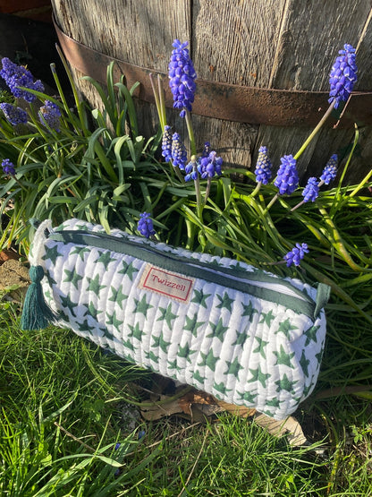 Quilted Indian Block Print Pencil Case - Green Star