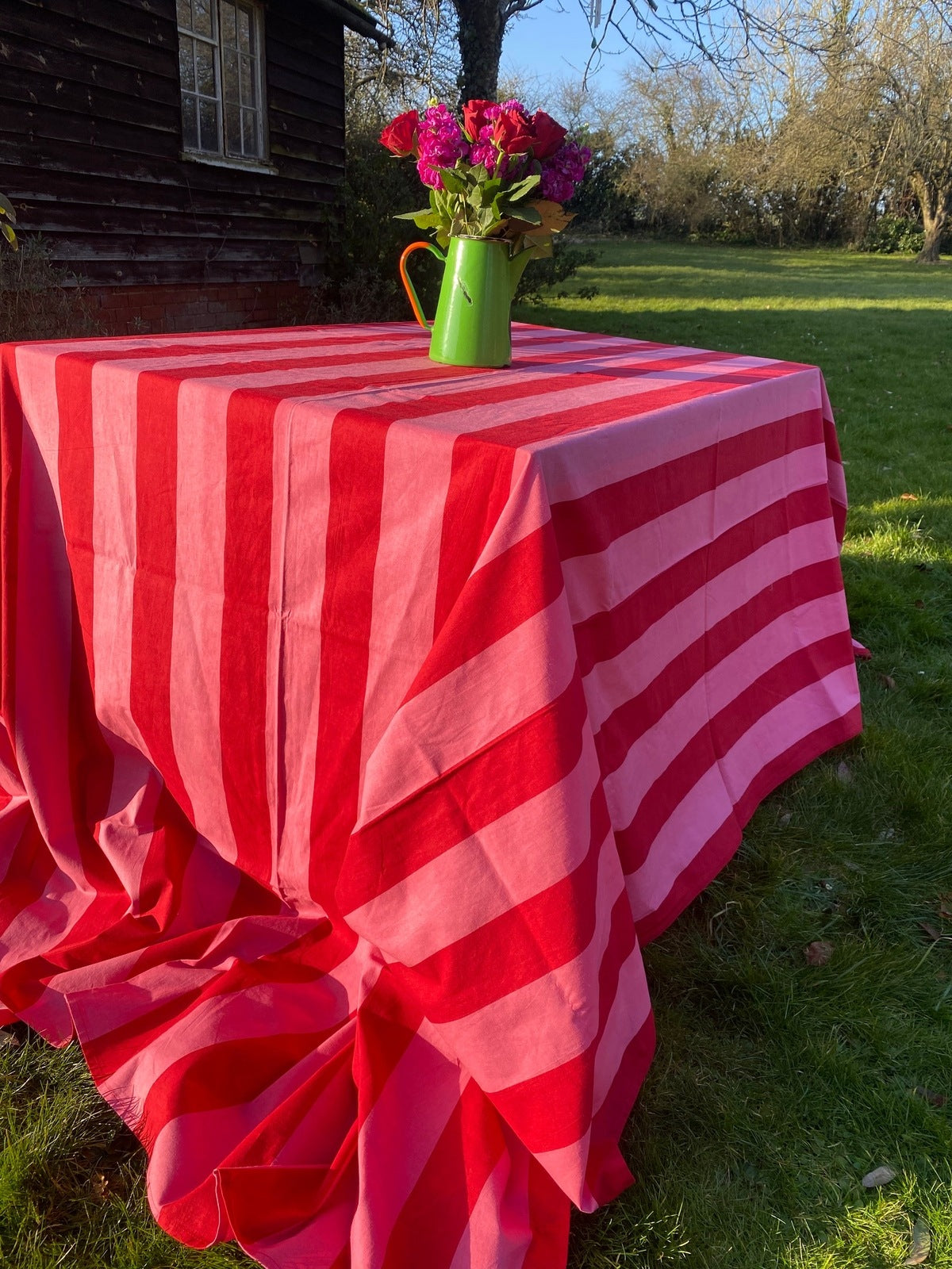 Indian Block Print Tablecloth - Pink and Red Stripe