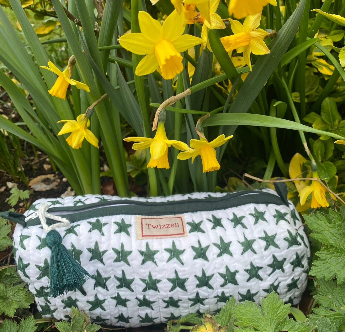 Quilted Indian Block Print Pencil Case - Blue Star