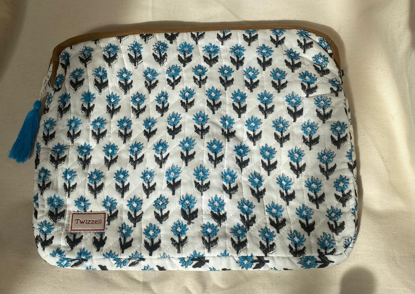 Indian Block Print Laptop Pouch - Mini Blue