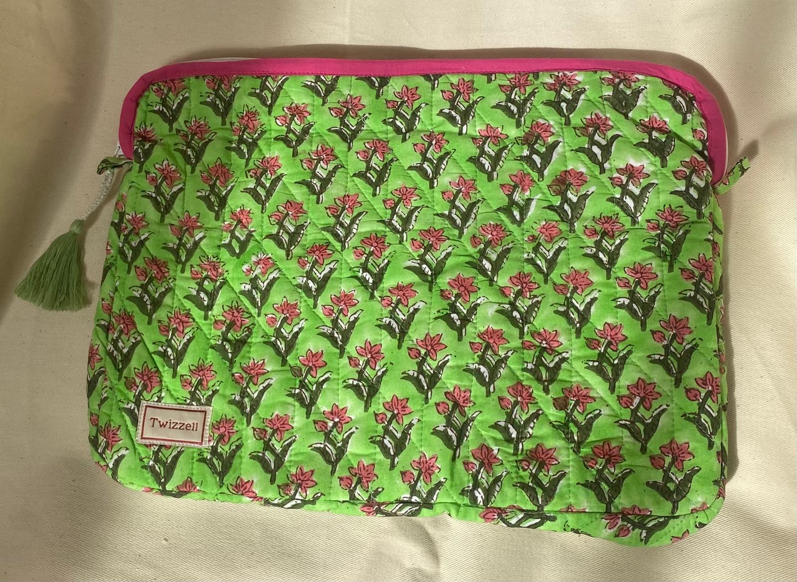 Indian Block Print Laptop Pouch - Green/Pink