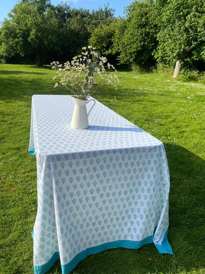 Indian Block Print Tablecloth - Blue Coral
