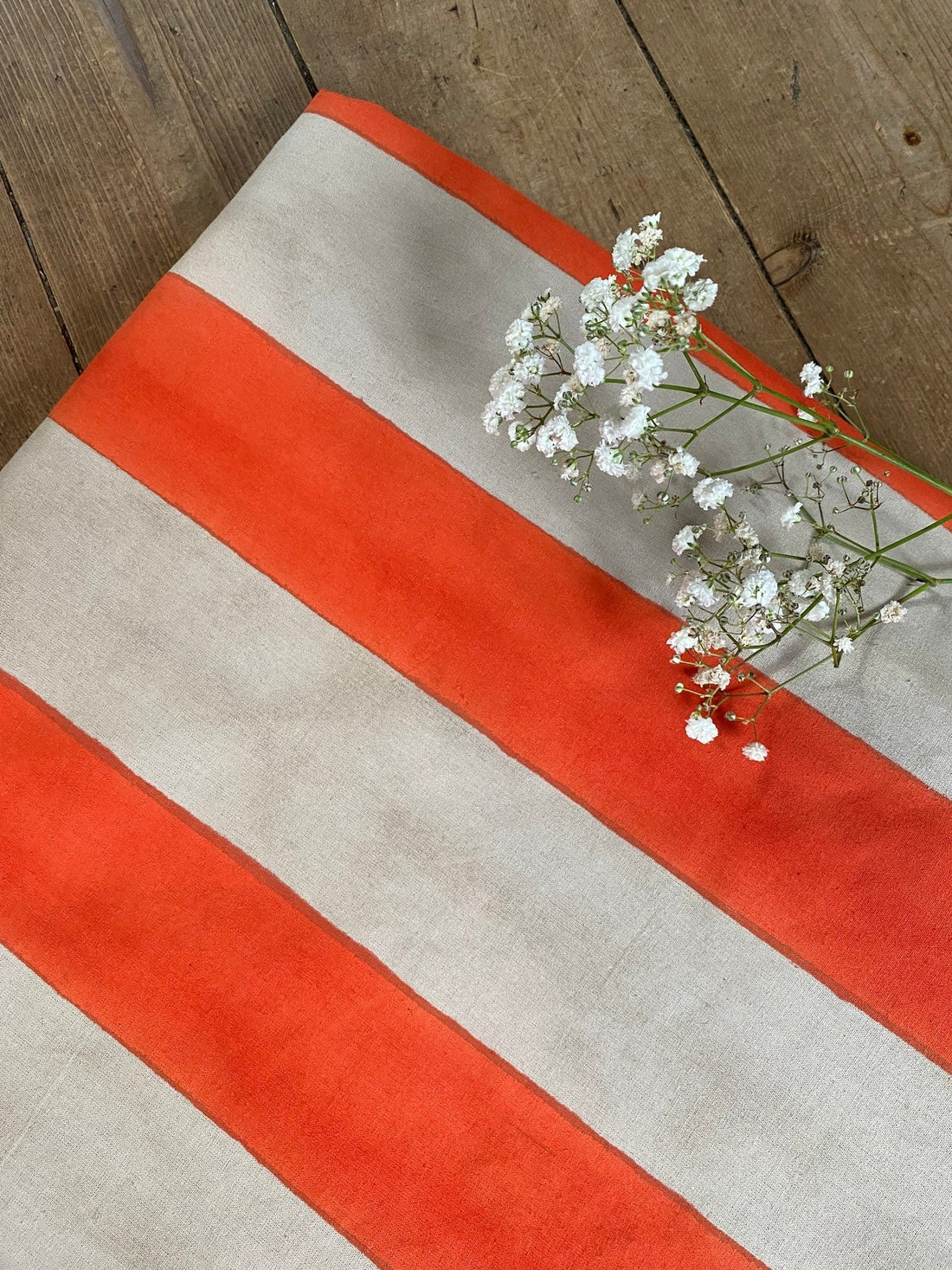 Indian Block Print Tablecloth - Orange and Beige stripe