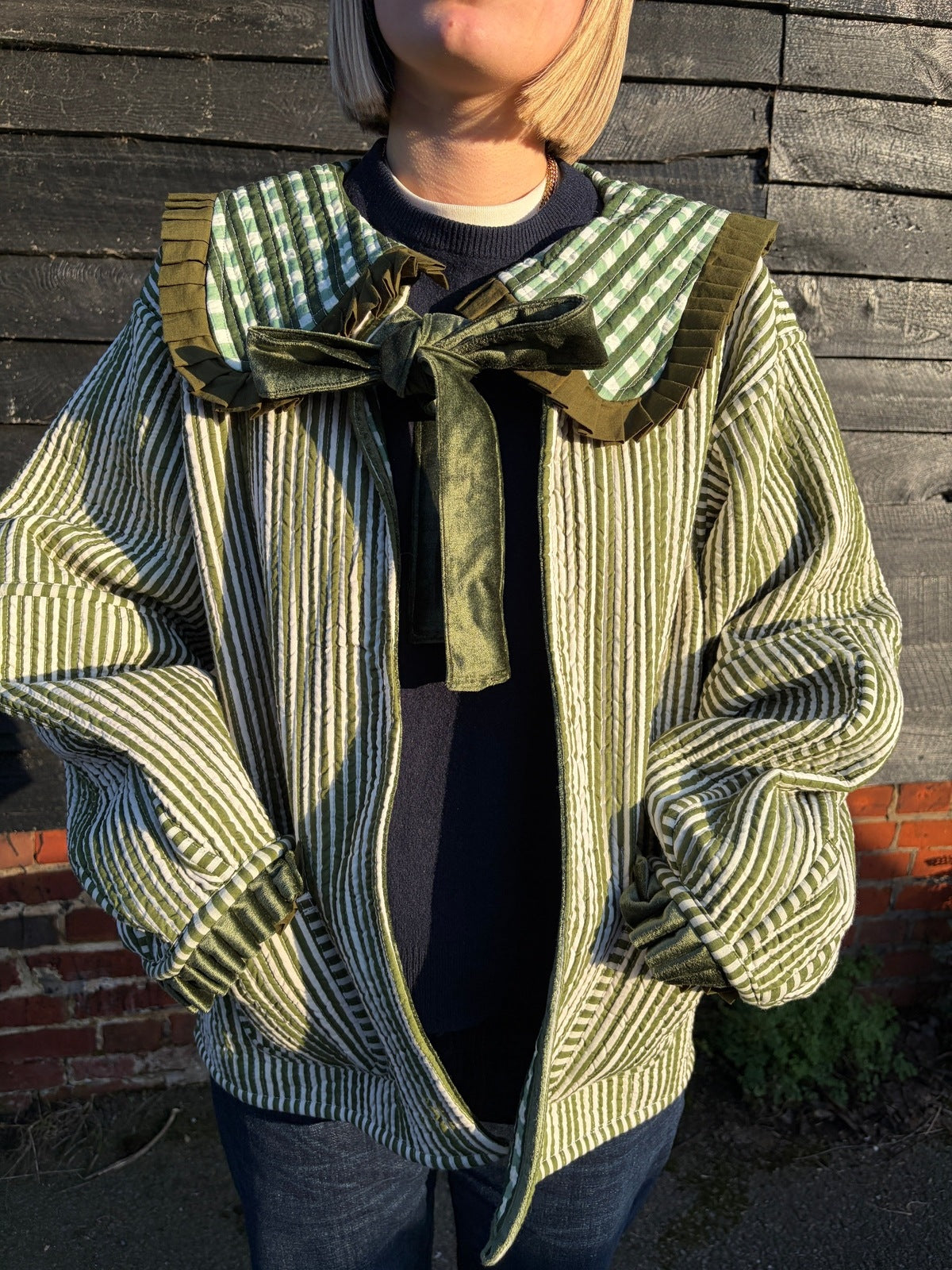 Sailor Collar Reversible Jacket - Green Gingham