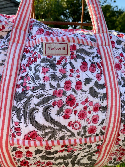 Indian Block Print Weekend Bag - Grey and Pink