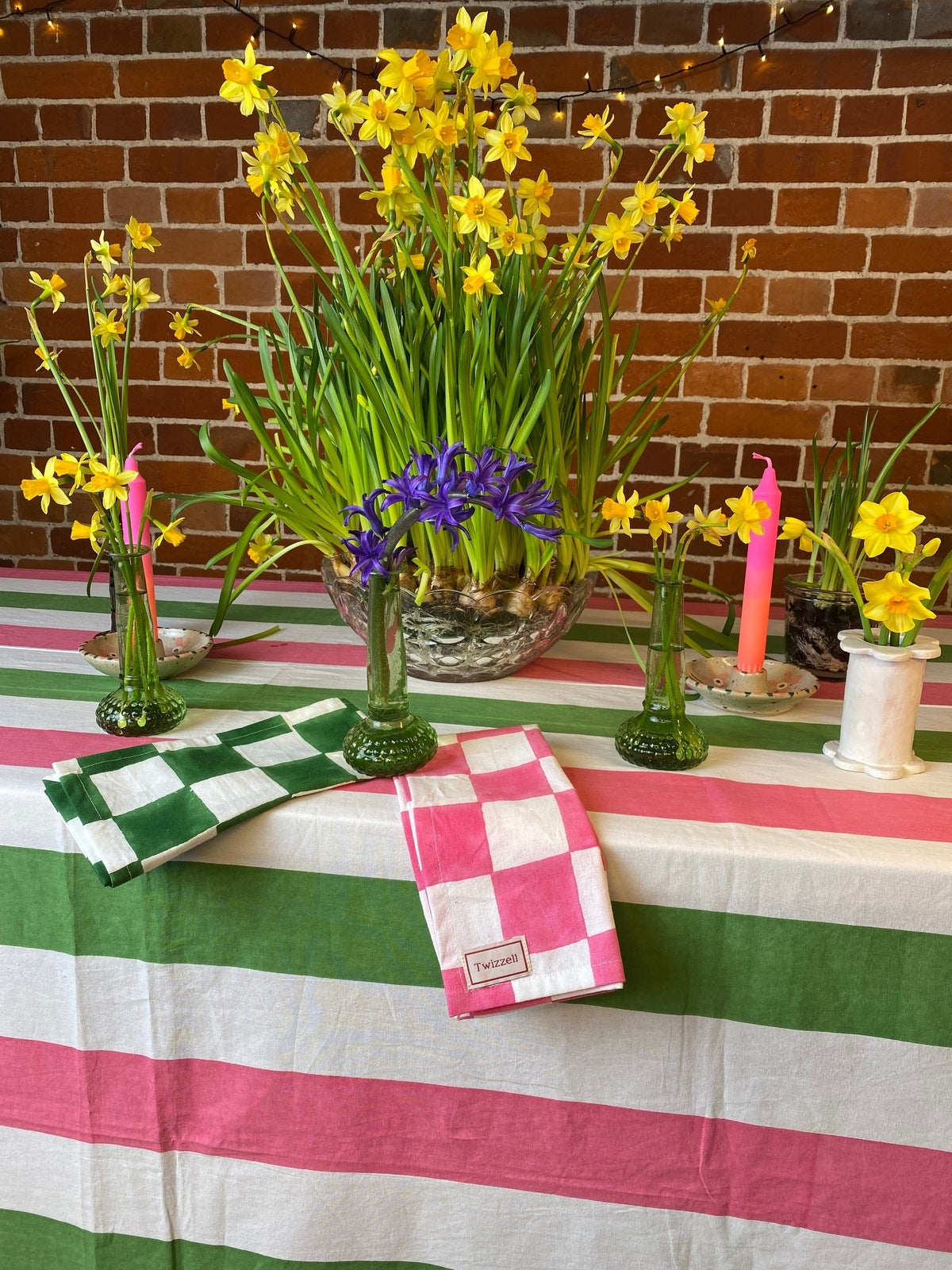 Pink, Sage and White Stripe Tablecloth
