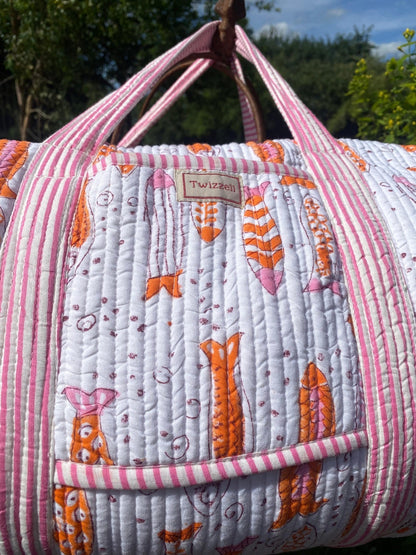 Indian Block Print Weekend Bag - Pink Fish Spritz