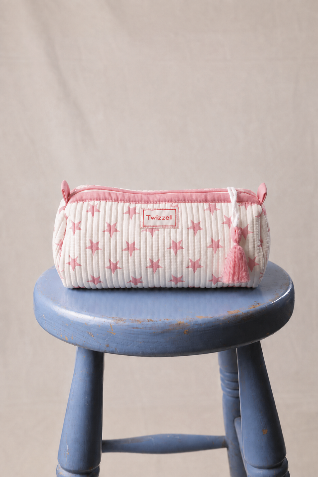 SECONDS Quilted Indian Block Print Pencil Case - Pink Star