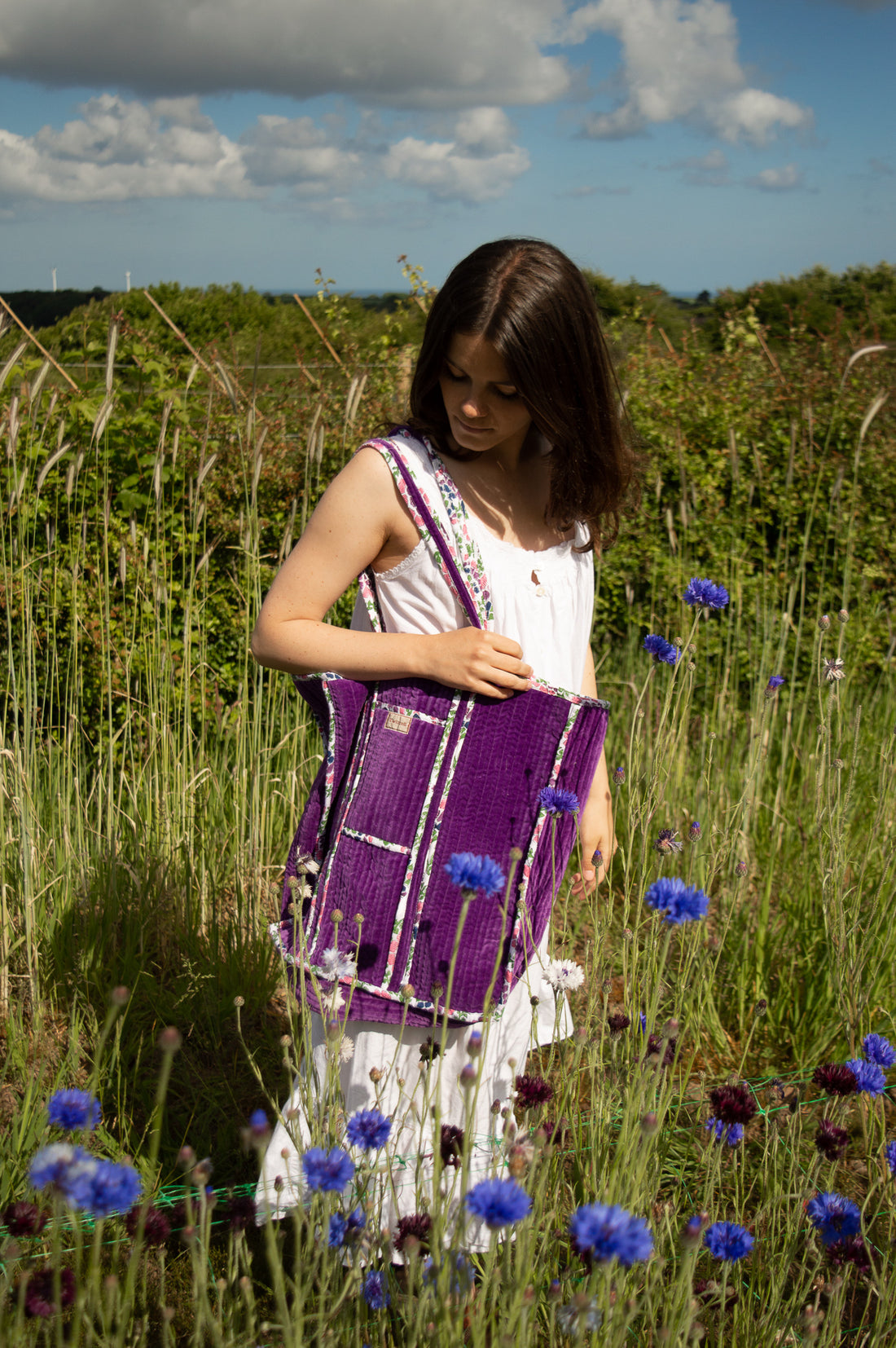Velvet Reversible Bag - Purple and Peacock Feather