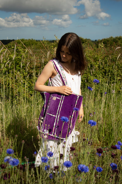 Velvet Reversible Bag - Purple and Peacock Feather