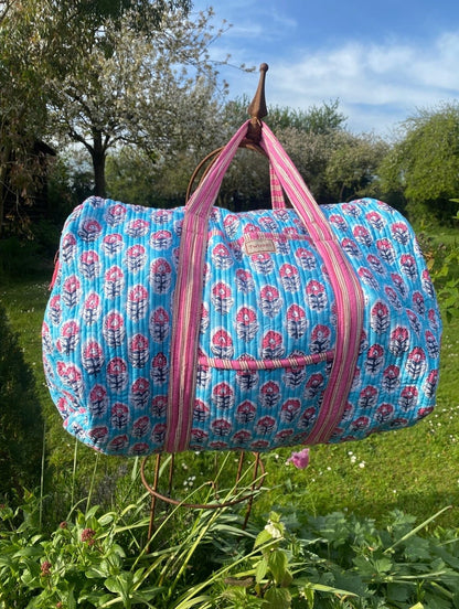 Indian Block Print Weekend Bag - Blue with Pink Flower
