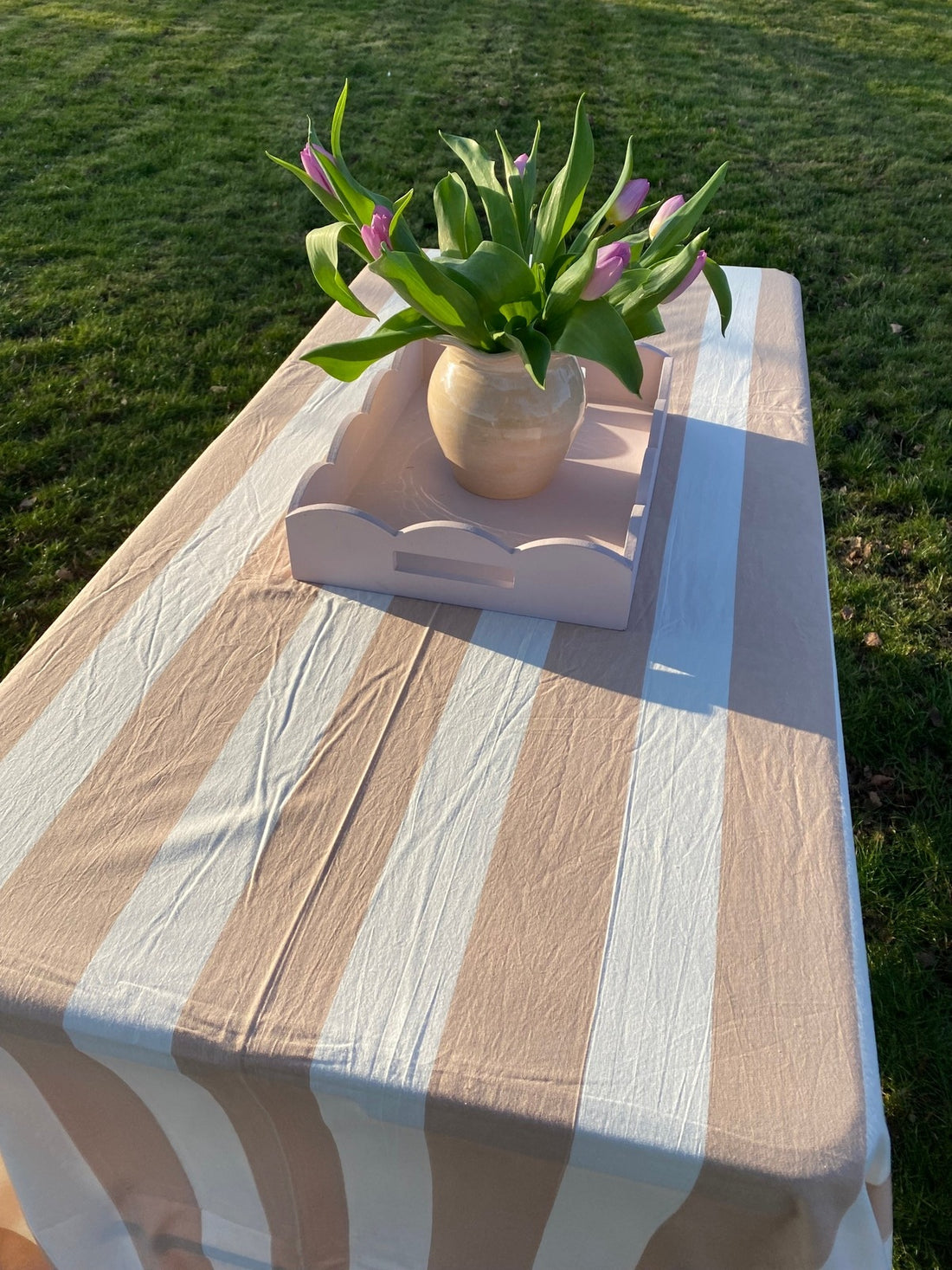 Indian Block Print Tablecloth - Beige Stripe