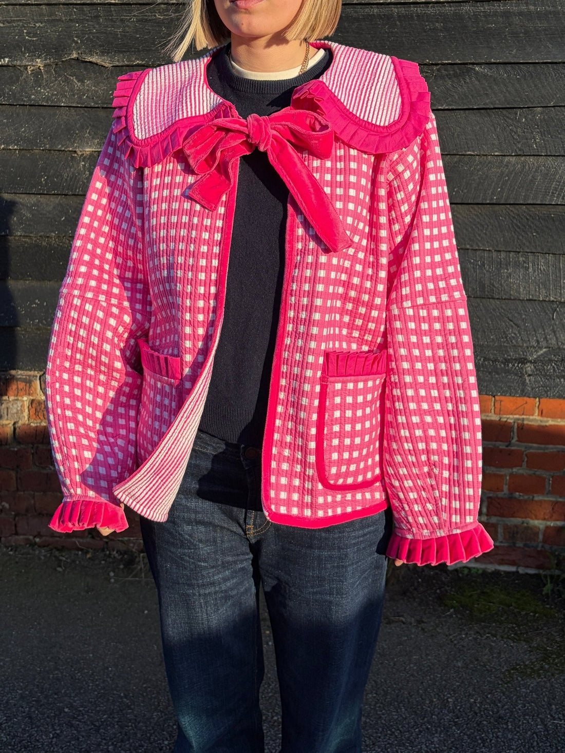 Sailor Collar Reversible Jacket - Pink Gingham
