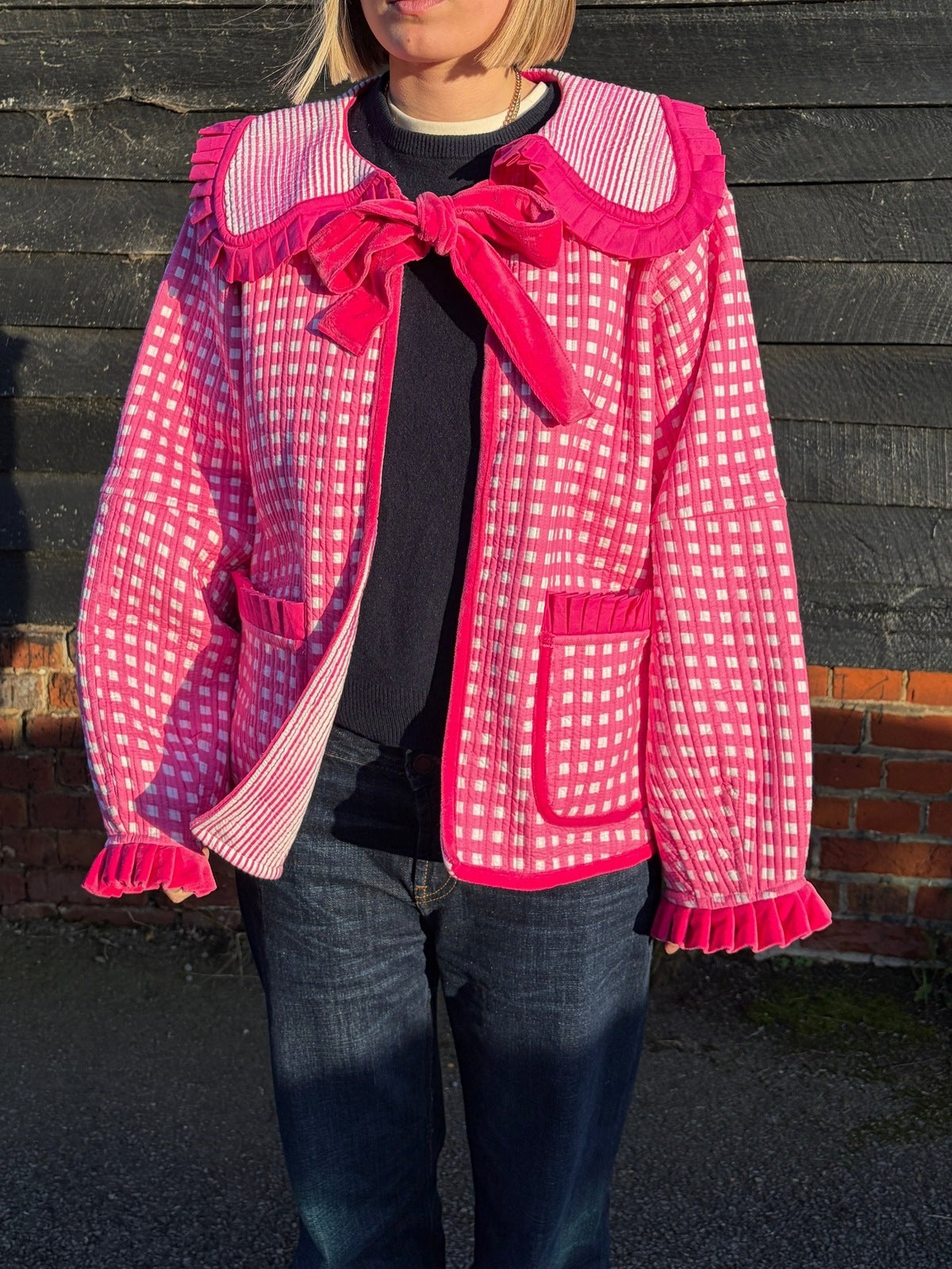 Sailor Collar Reversible Jacket - Pink Gingham