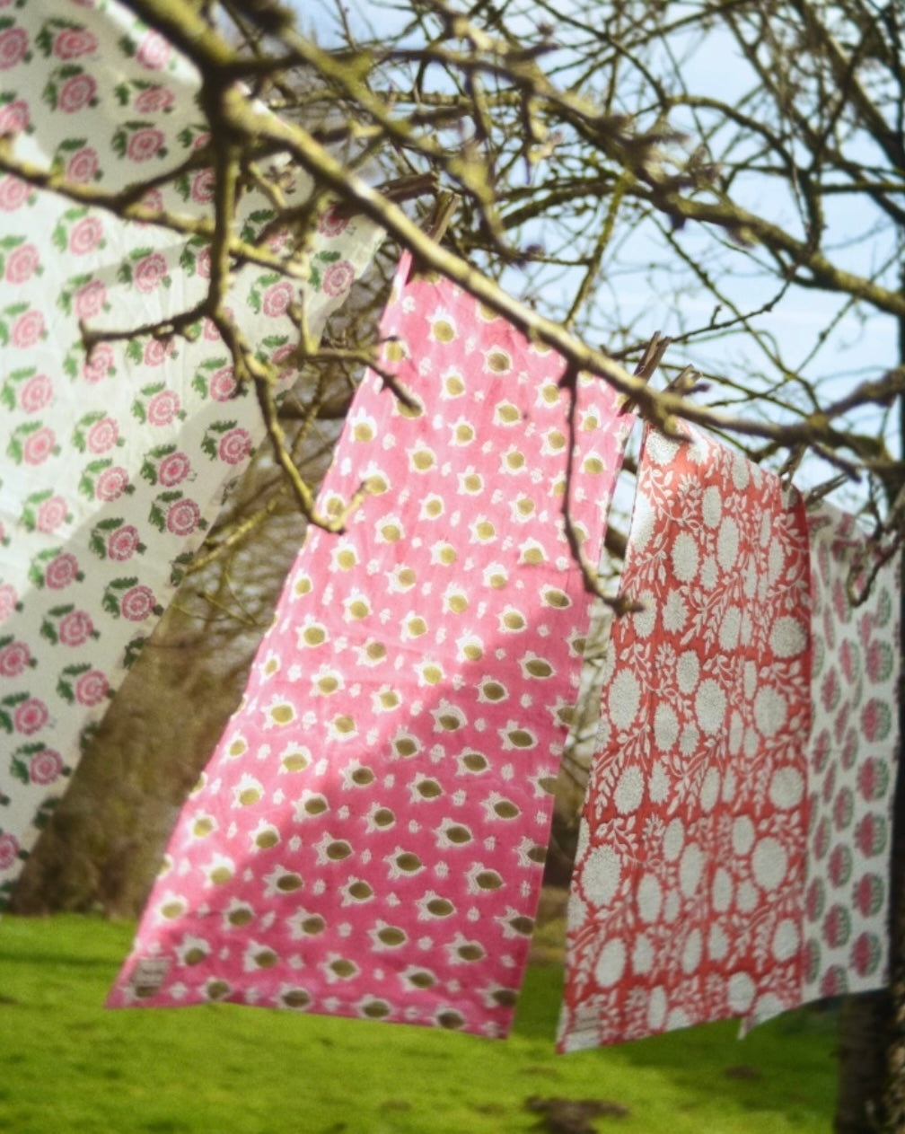 Indian Block Print Tea Towel - Pink and Green