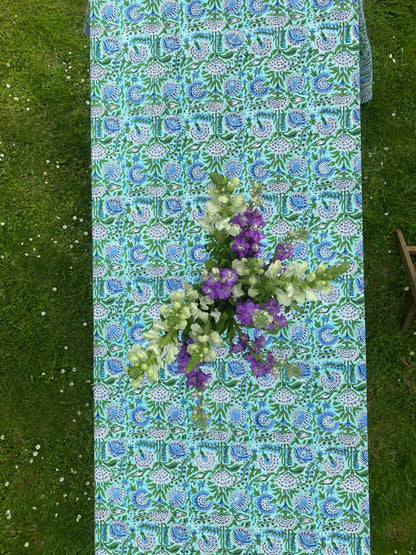 Indian Block Print Tablecloth - Green and Blue