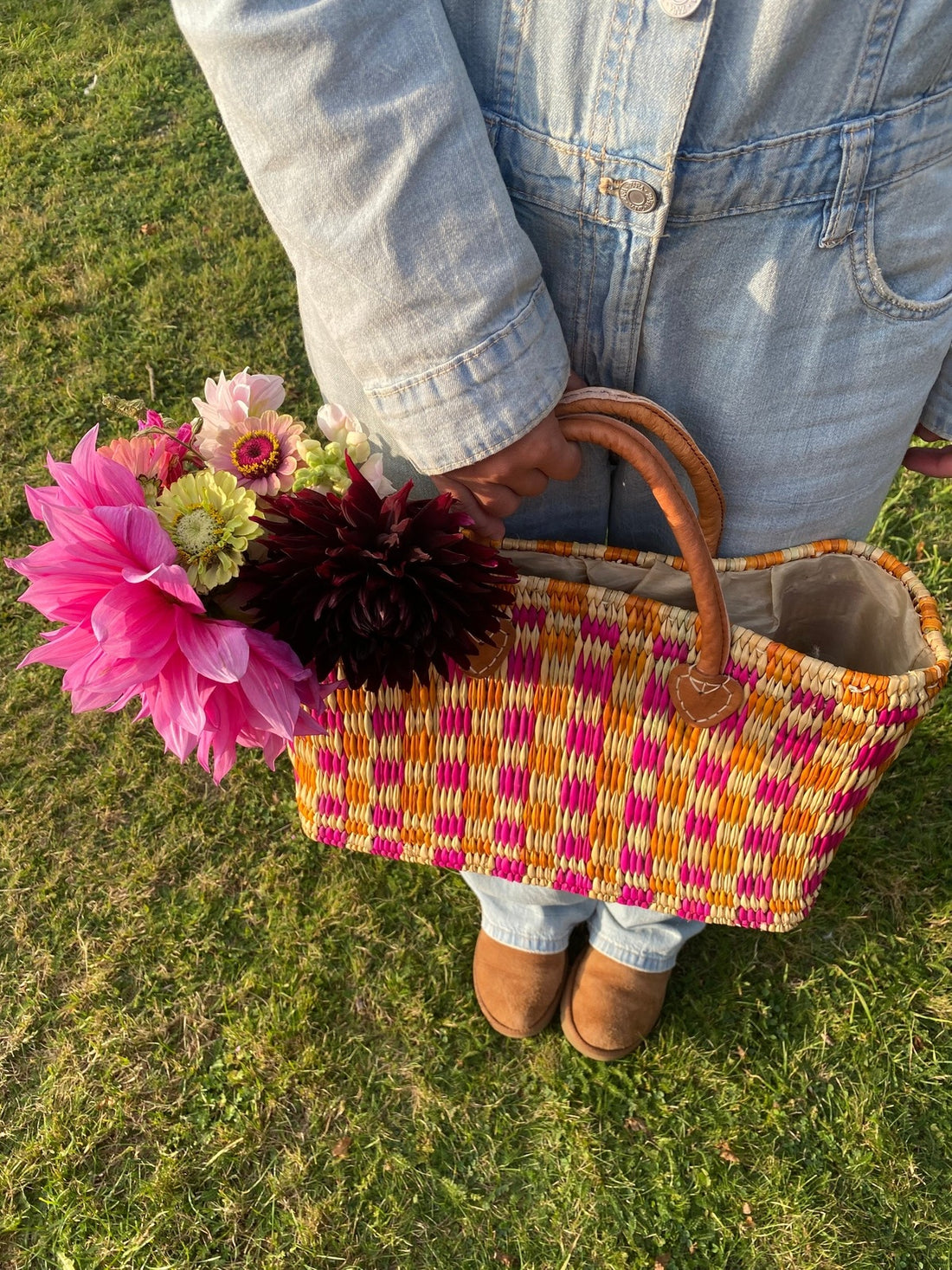 Woven checkerboard basket - orange and pink