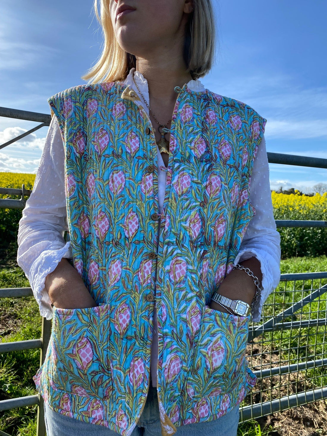 Reversible Quilted Gilet - Yellow and Turquoise Flower