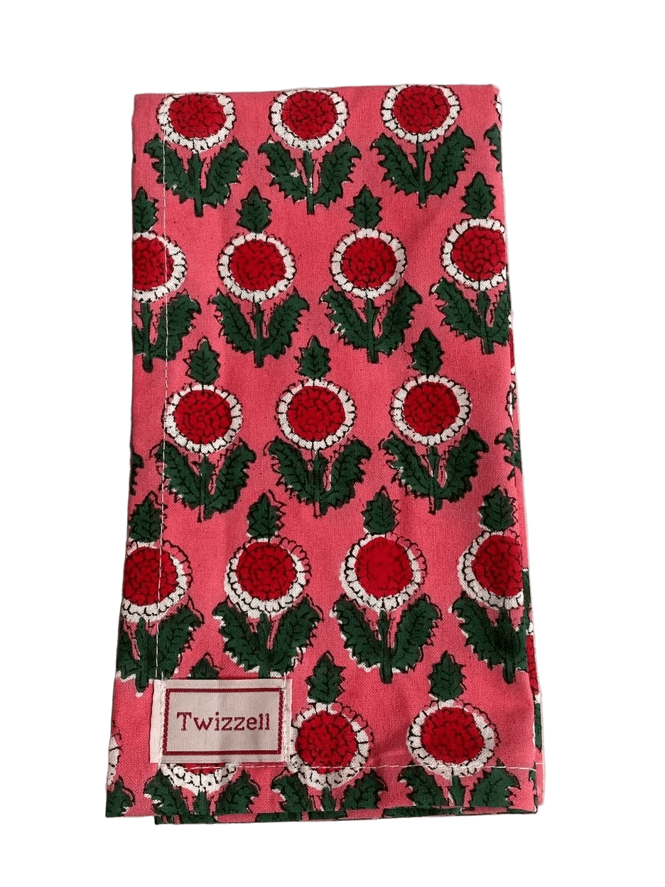 Coral with Mini Red Flower Napkin x 4
