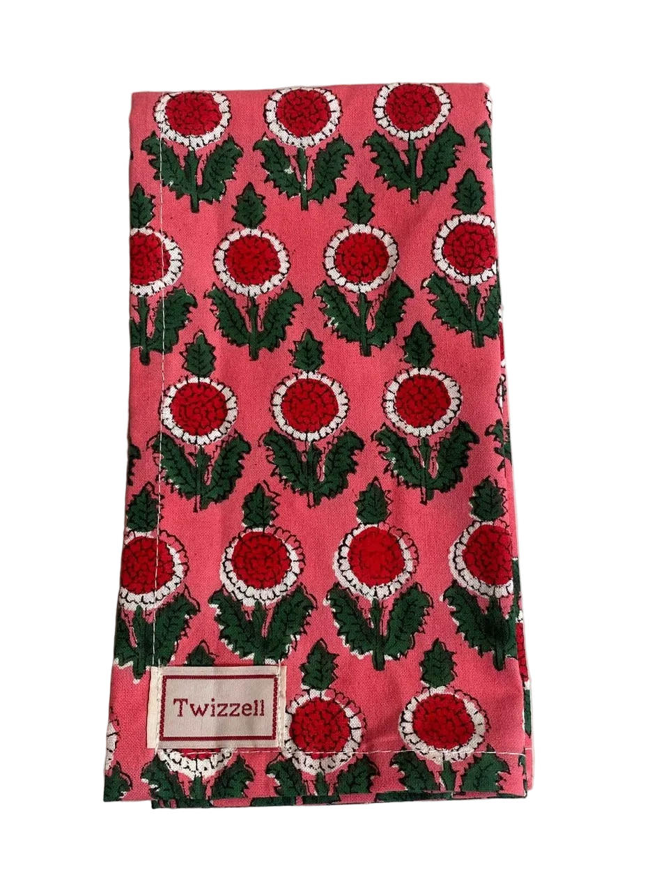Coral with Mini Red Flower Napkin x 4