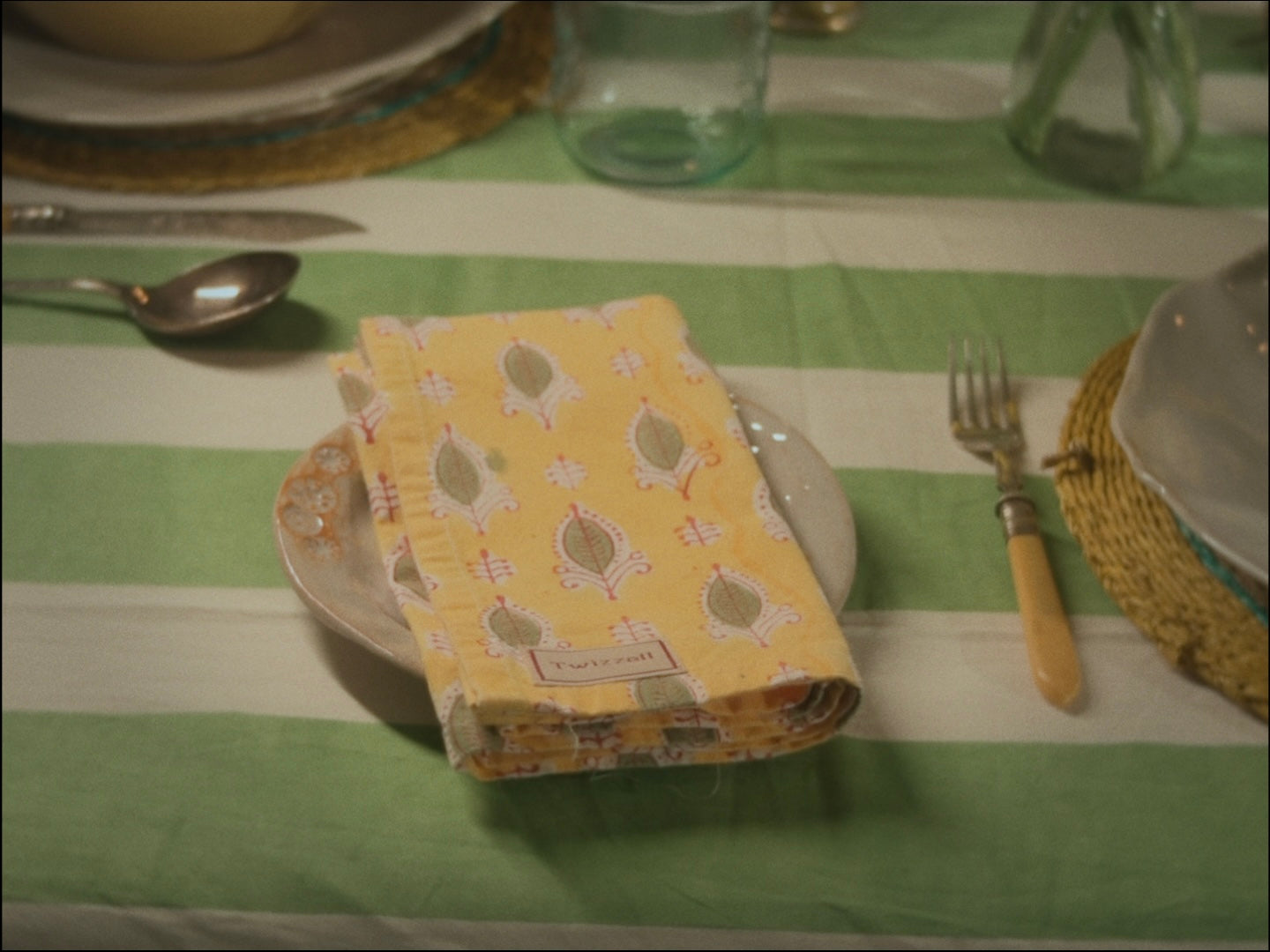 Indian Block Print Tablecloth - Sage Stripe