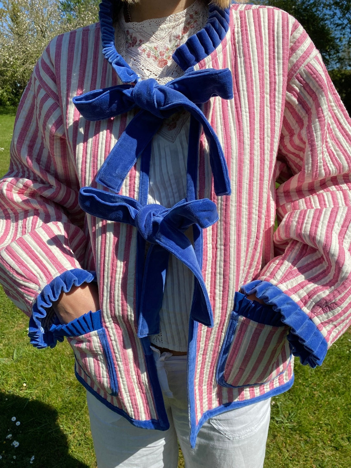 Liv Reversible Jacket - Pink and Cream Stripe with Blue and White Stripe Reverse