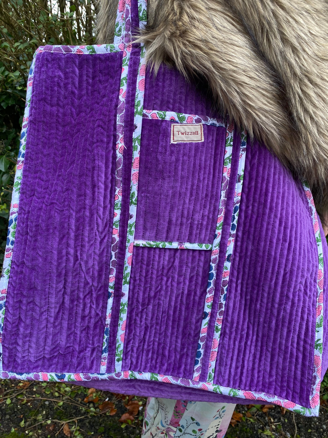 Velvet Reversible Bag - Purple and Peacock Feather