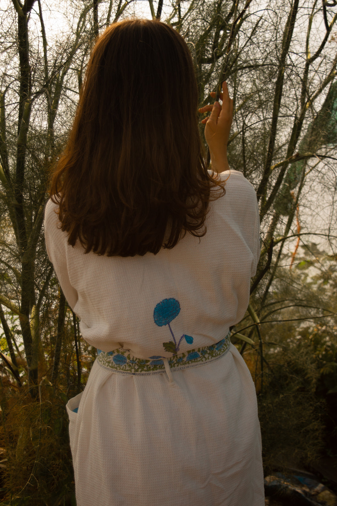 Cotton Waffle Indian Block Print Dressing Gown - Blue Pom Pom Flower