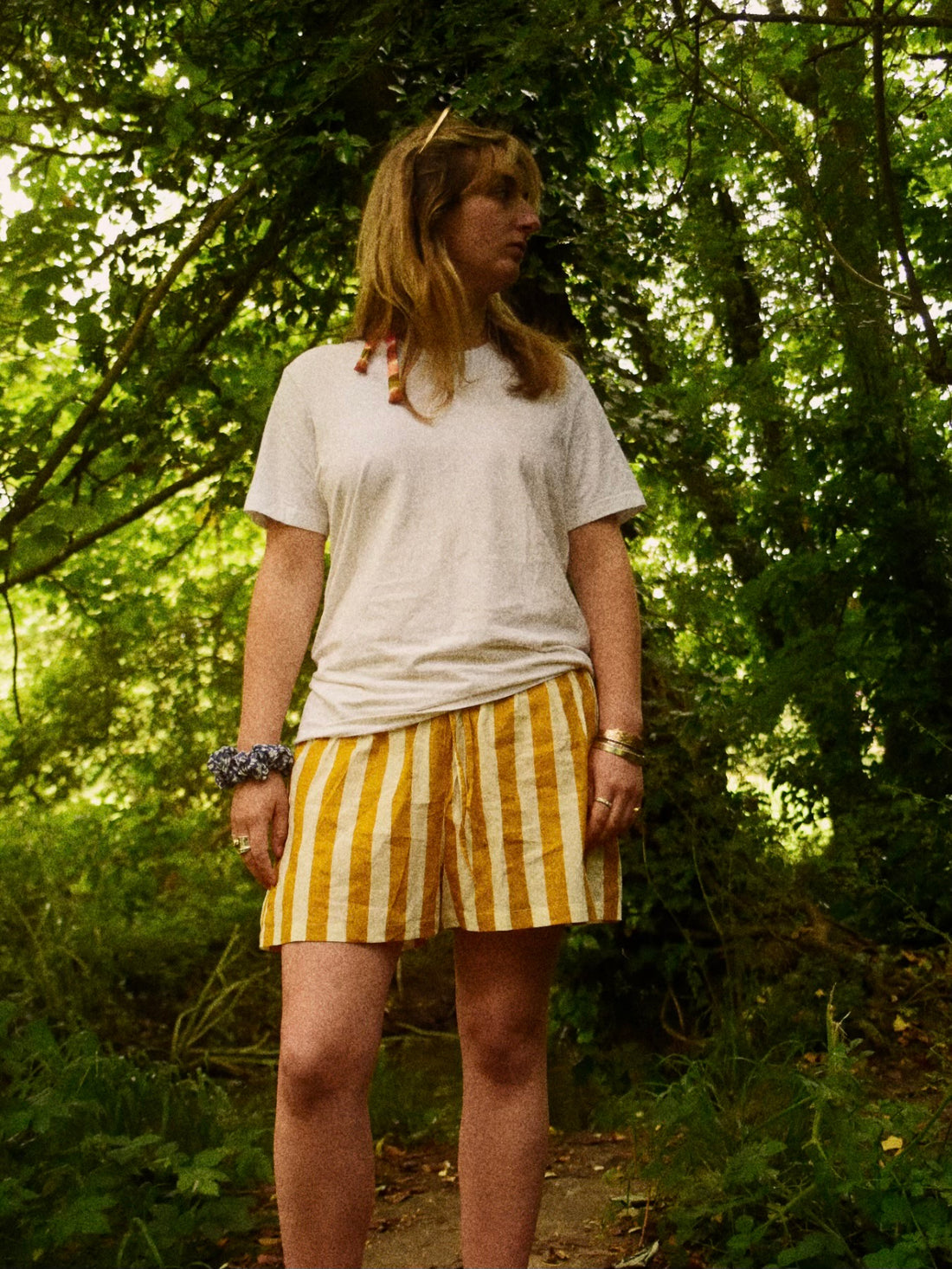 Unisex Indian Block Print Shorts - Yellow Stripe