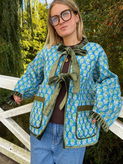 Reversible Jacket - Green Velvet with Blue Floral Reverse