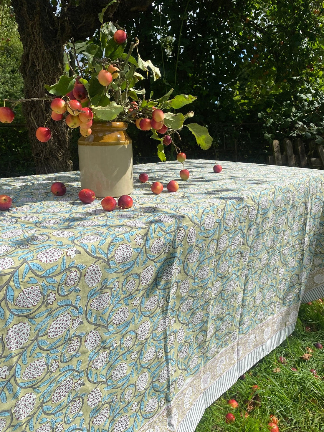 Indian Block Print Tablecloth - Olive, Turquoise and Aubergine