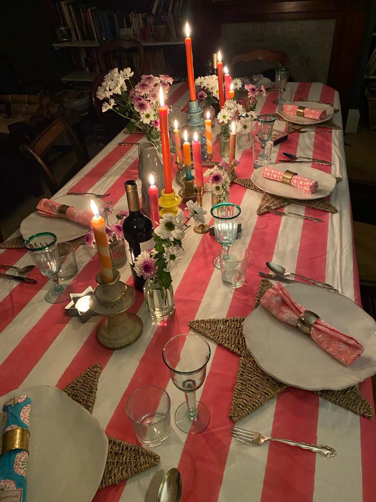 Indian Block Print Tablecloth - Pink and White stripe