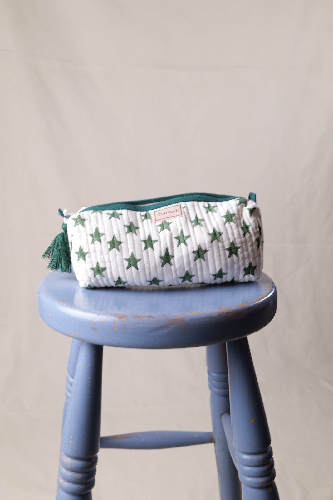 Quilted Indian Block Print Pencil Case - Green Star