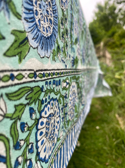 Indian Block Print Tablecloth - Green and Blue