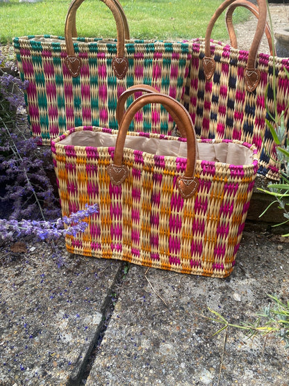 Woven checkerboard basket - orange and pink