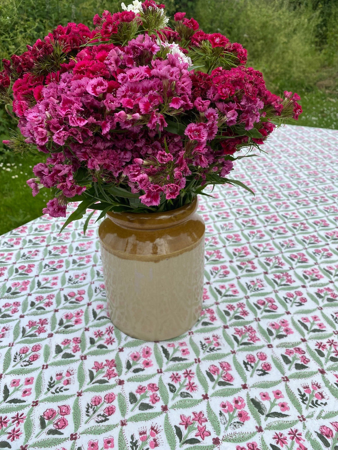Indian Block Print Tablecloth - Floral Diamond Pink/Maroon