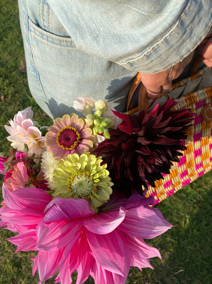 Woven checkerboard basket - orange and pink