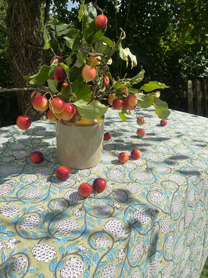 Indian Block Print Tablecloth - Olive, Turquoise and Aubergine