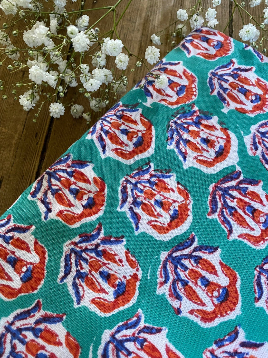 Indian Block Print Tablecloth - Blue, Turquoise and Burnt Orange